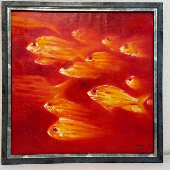 🆕 “Golden Harmony” School of Fish Original – 25.5”x26.5” Framed Oil on Canvas - Picture 14 of 16